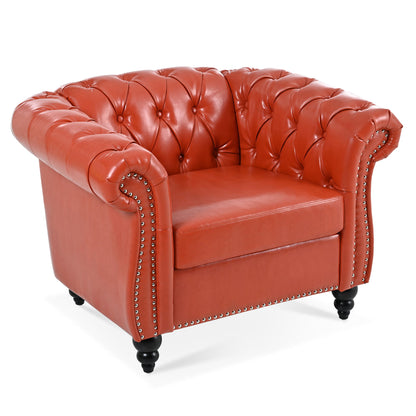 A 1 Seater Sofa For Living Room in red leather featuring a tufted back and arms, nailhead trim, and black wooden legs.
