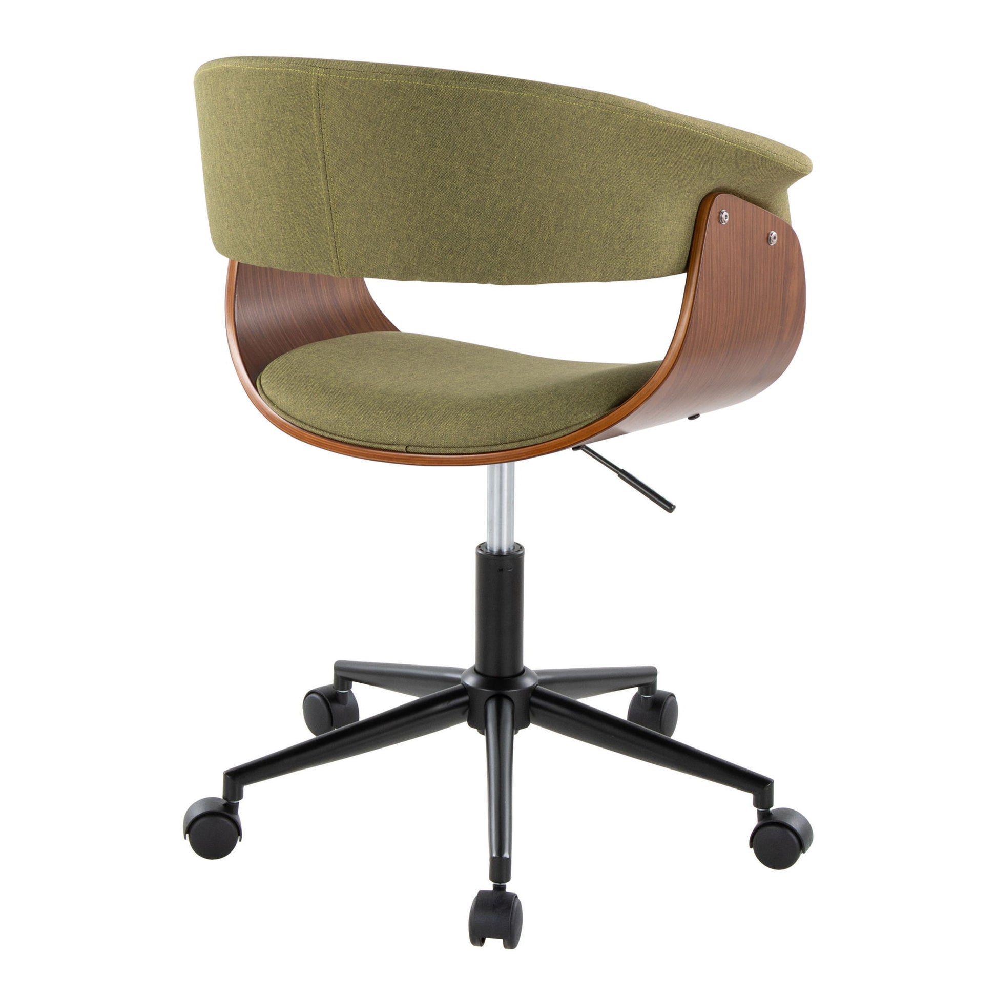 The Vintage Mod - Mid Century Modern Office Chair features an olive green cushioned seat and backrest, wooden curved sides, a black metal five-wheel base, and an adjustable height lever.