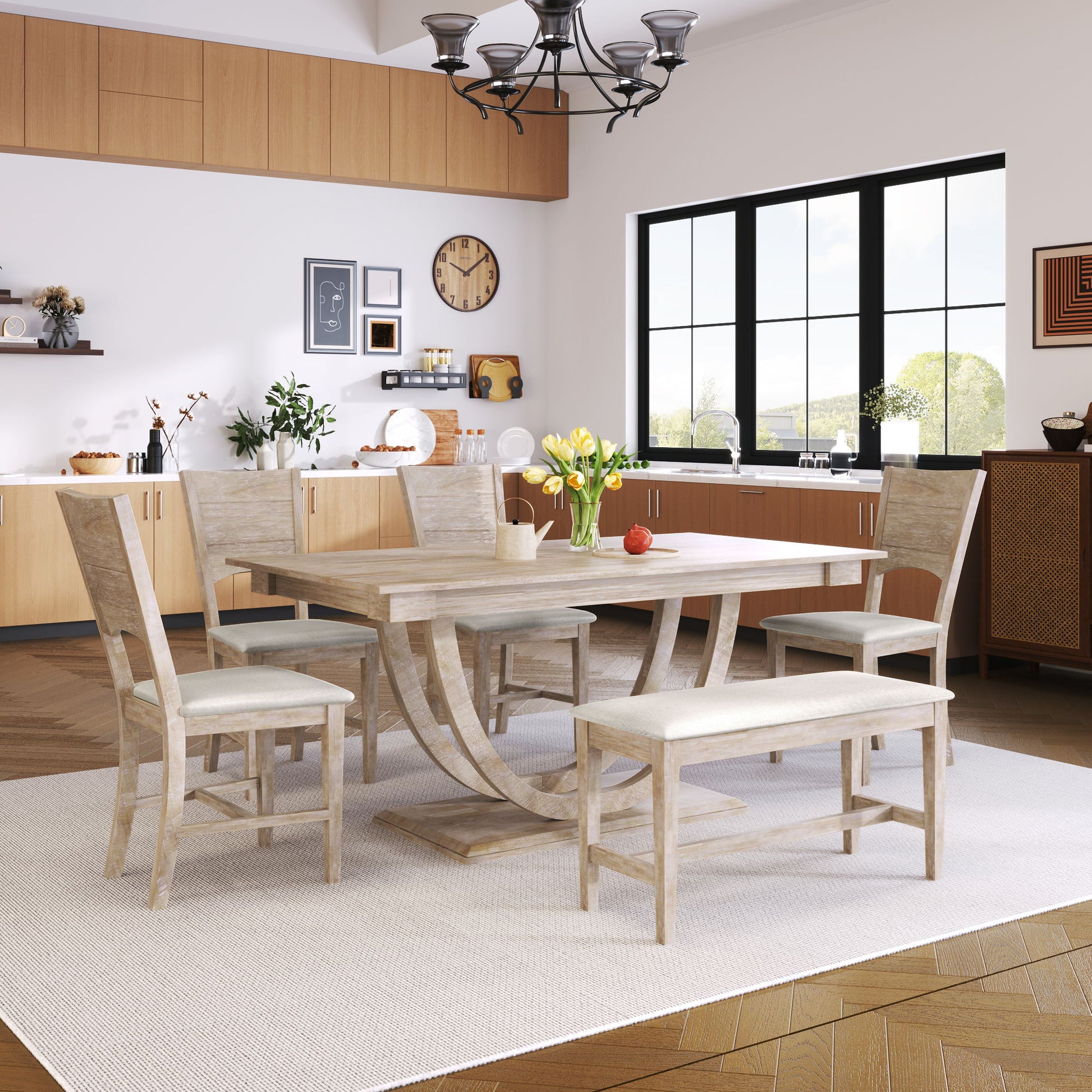 A modern dining room featuring the Topmax 6 Piece Wood Half Round Dining Table Set with a long bench, four chairs, and a rectangular table on a light rug. A vase with yellow tulips decorates the table, while large windows and wall art add brightness.