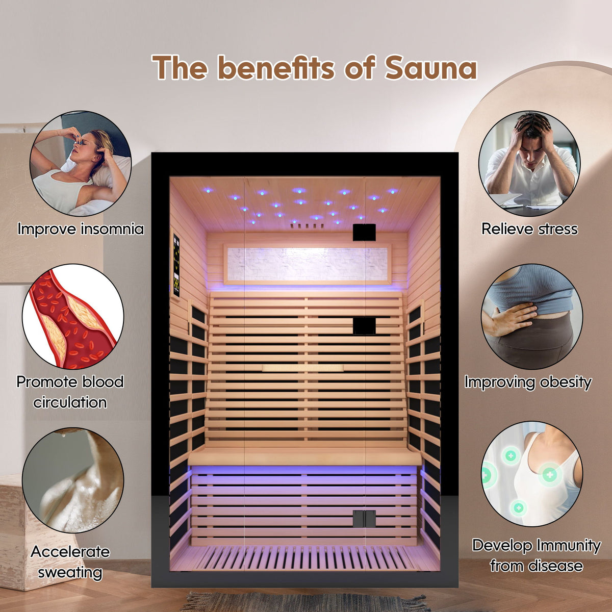 Luxury Double Far Infrared Sauna Room With Epoxy Heating Plates And Starry Sky Lighting - Black / Natural