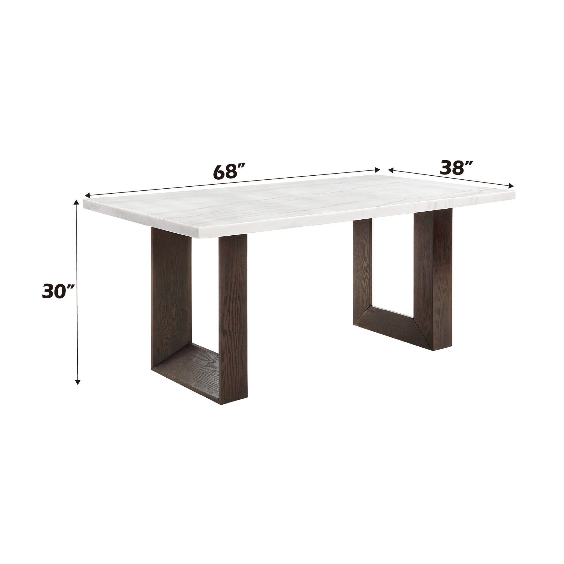 The Edwyn Marble Top Dining Table features a modern rectangular design with a white marble top and dark wooden legs. It measures 68"L x 38"W x 30"H, blending elegance and functionality for your dining space.