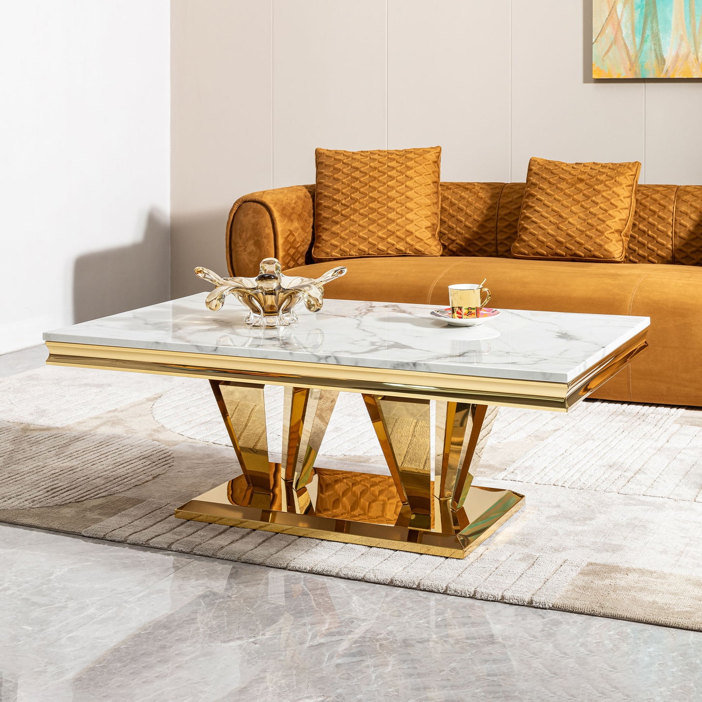 Modern Rectangular Coffee Table With Marble Pattern Top, Stainless Steel Base - Gold
