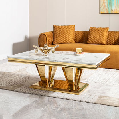 Modern Rectangular Coffee Table With Marble Pattern Top, Stainless Steel Base - Gold