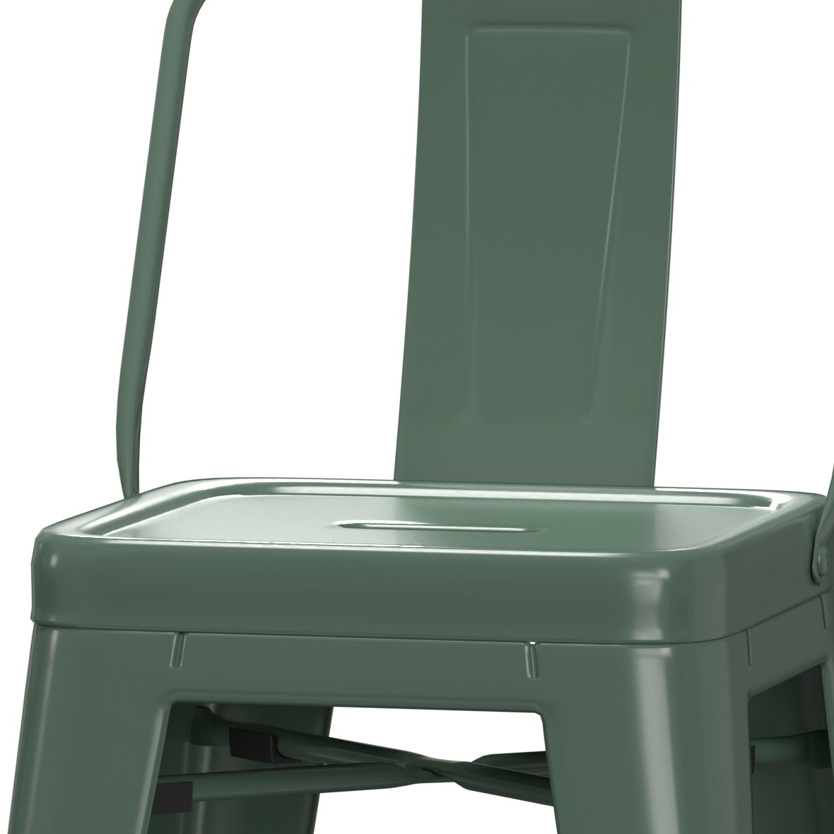 A close-up of the Rayne Multifunctional Metal Stool in green, featuring the seat, part of the backrest, and one armrest. Its simple industrial design has clean edges and a sturdy appearance.