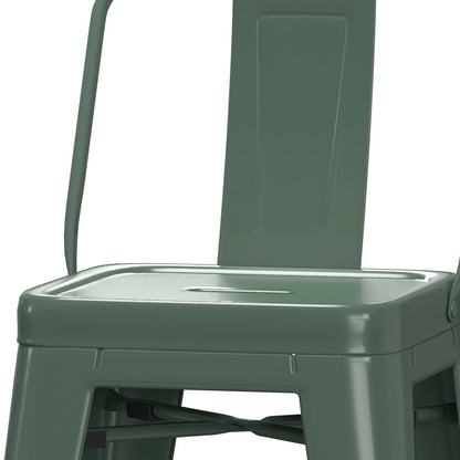 A close-up of the Rayne Multifunctional Metal Stool in green, featuring the seat, part of the backrest, and one armrest. Its simple industrial design has clean edges and a sturdy appearance.