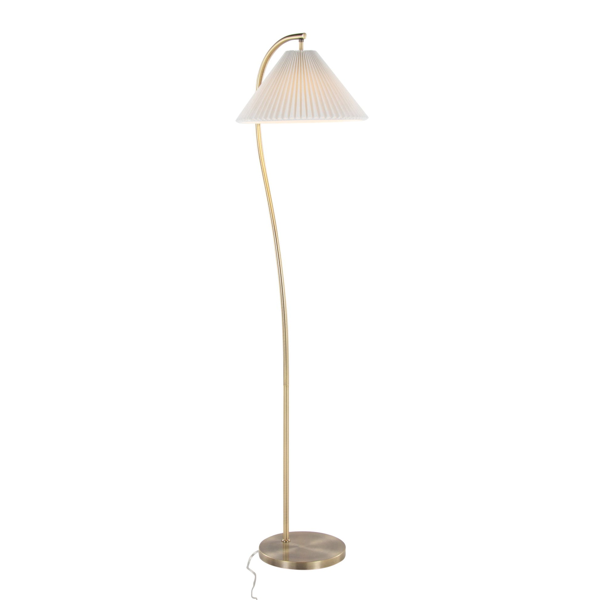 The Cassis Glam / Art Deco Floor Lamp features a slim, curved gold stand, round base, and a pleated white conical shade, displayed against a plain white background.