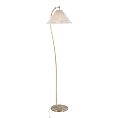 The Cassis Glam / Art Deco Floor Lamp features a slim, curved gold stand, round base, and a pleated white conical shade, displayed against a plain white background.