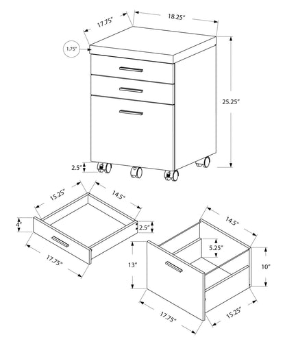 Black and white line drawing of the File Cabinet Rolling Mobile Storage Drawers Printer Stand For Office with three drawers, showing detailed measurements for the cabinet, drawers, and handle placement.