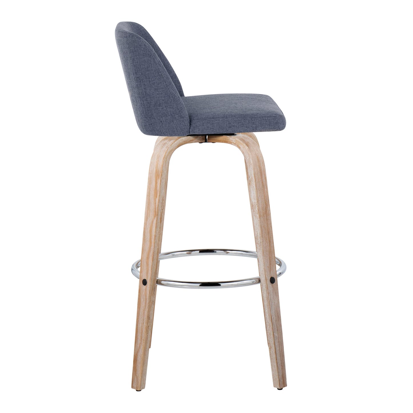 Side view of the Toriano Contemporary Fixed Height Barstool, featuring a curved gray upholstered seat, light wood legs, and a round chrome footrest. Set of 2 with swivel functionality.