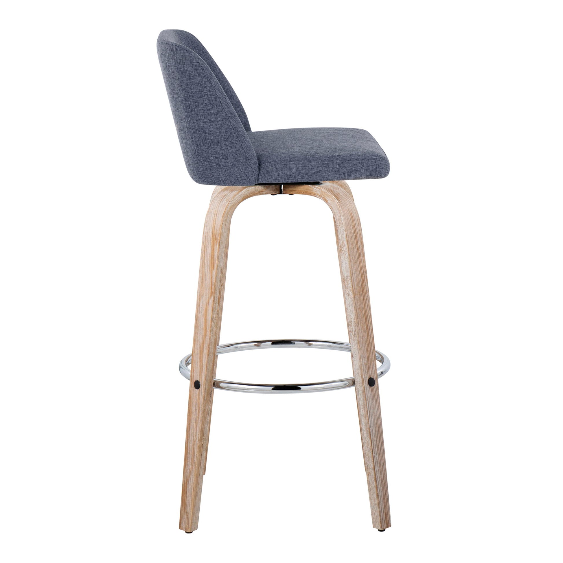Side view of the Toriano Contemporary Fixed Height Barstool, featuring a curved gray upholstered seat, light wood legs, and a round chrome footrest. Set of 2 with swivel functionality.