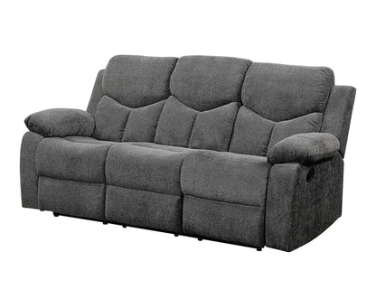 The Kalen - Chenille 3 Piece Recliner Living Room Set in gray features plush cushions, wide armrests, and soft fabric upholstery, beautifully displayed against a white background.