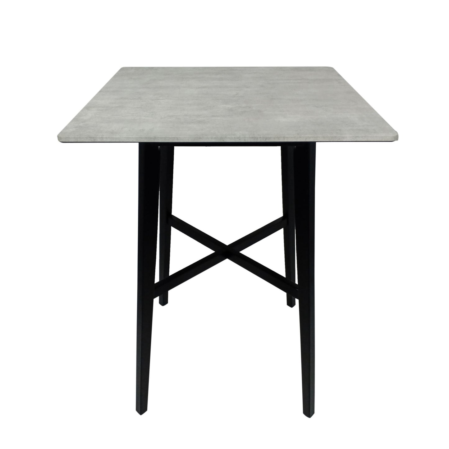 The Modern Bar Height Dining Table features a gray laminate tabletop with black, angled rubberwood legs joined by a crisscross support.
