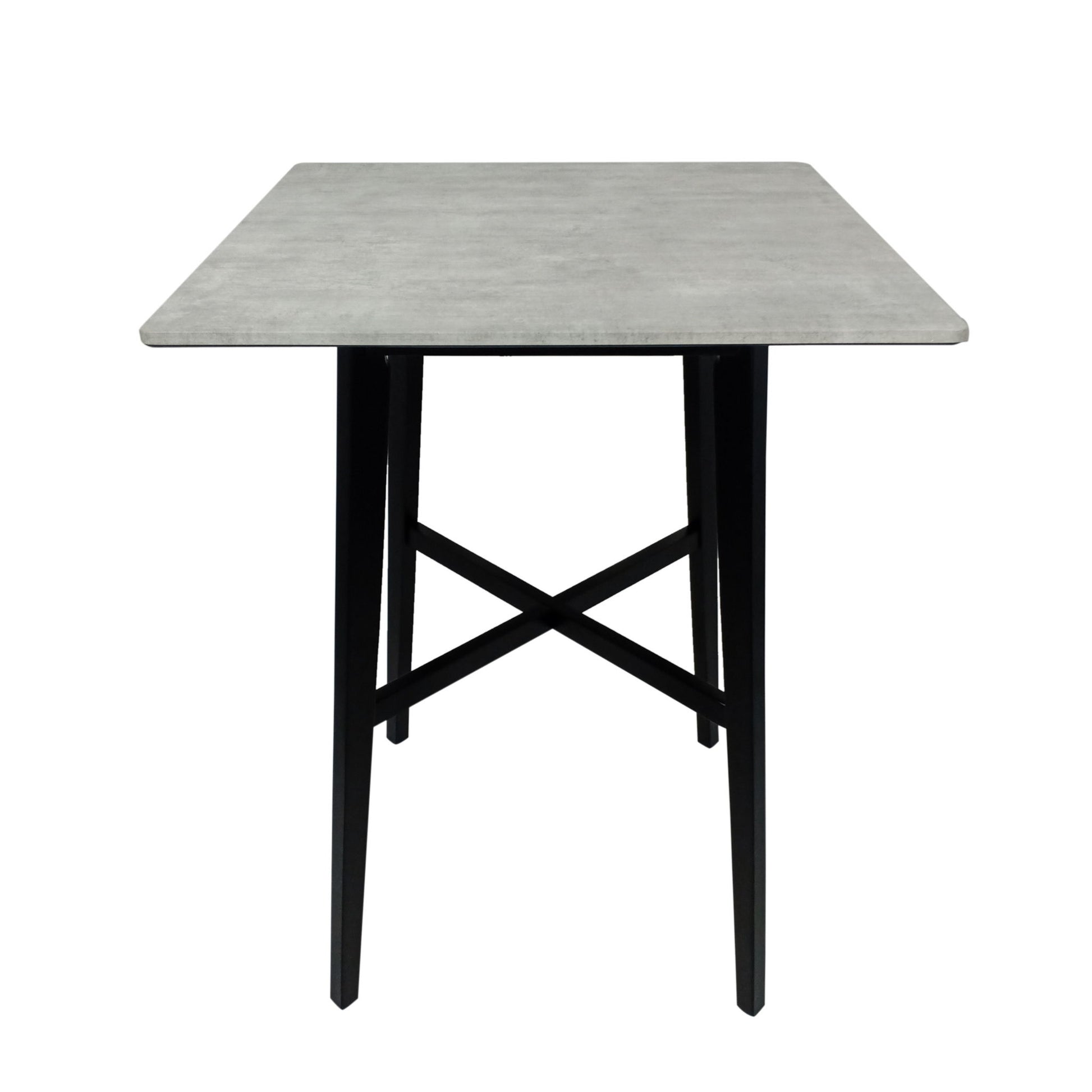 The Modern Bar Height Dining Table features a gray laminate tabletop with black, angled rubberwood legs joined by a crisscross support.