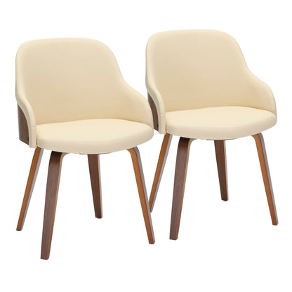 Two Bacci Mid Century Modern Dining Chairs feature light beige upholstered seats and backs with angled walnut-finished wooden legs, shown side by side on a white background.