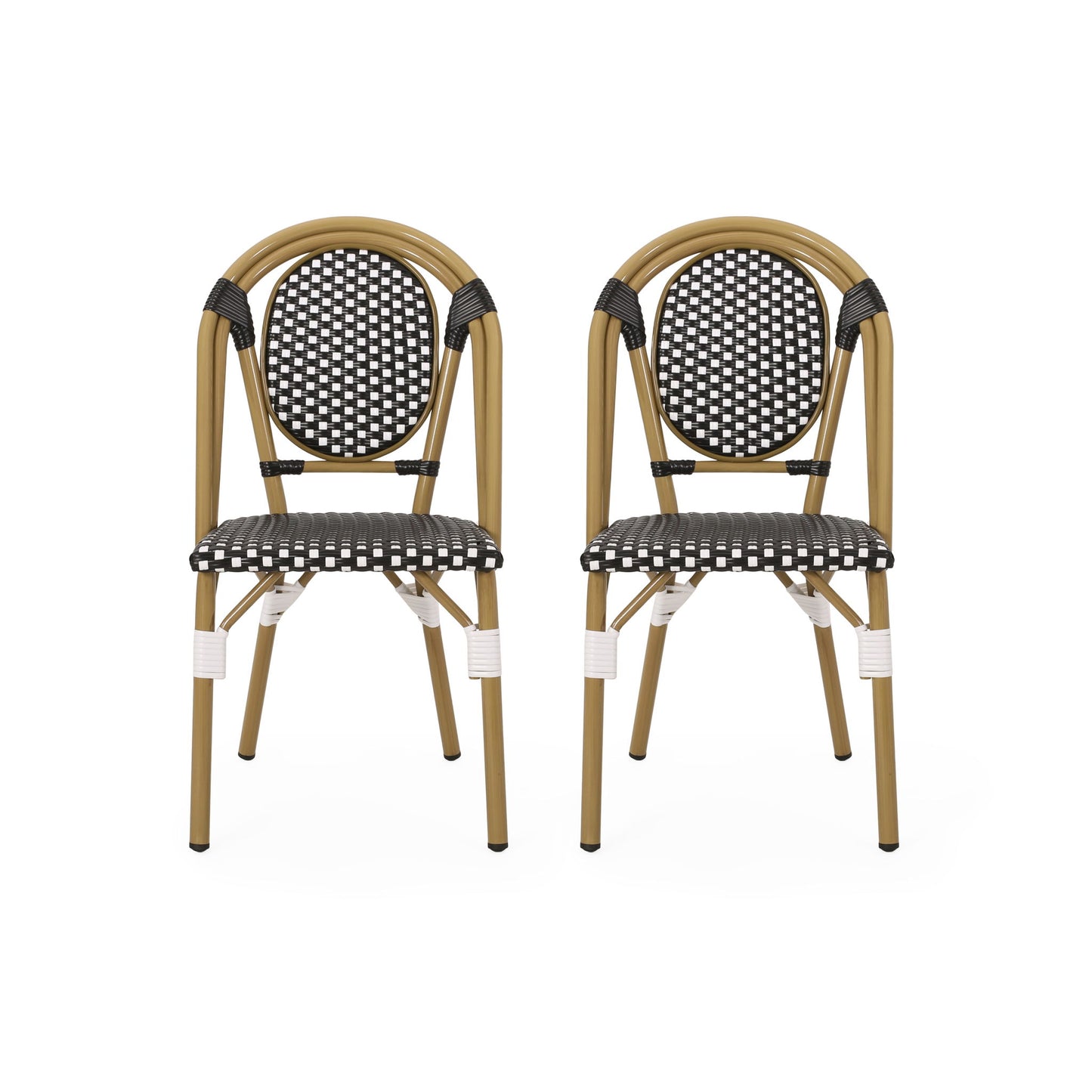 The Outdoor Rattan And Aluminum French Bistro Chair Set features two matching chairs with tan frames and black-and-white checkered seats and backs, side by side on a white background.