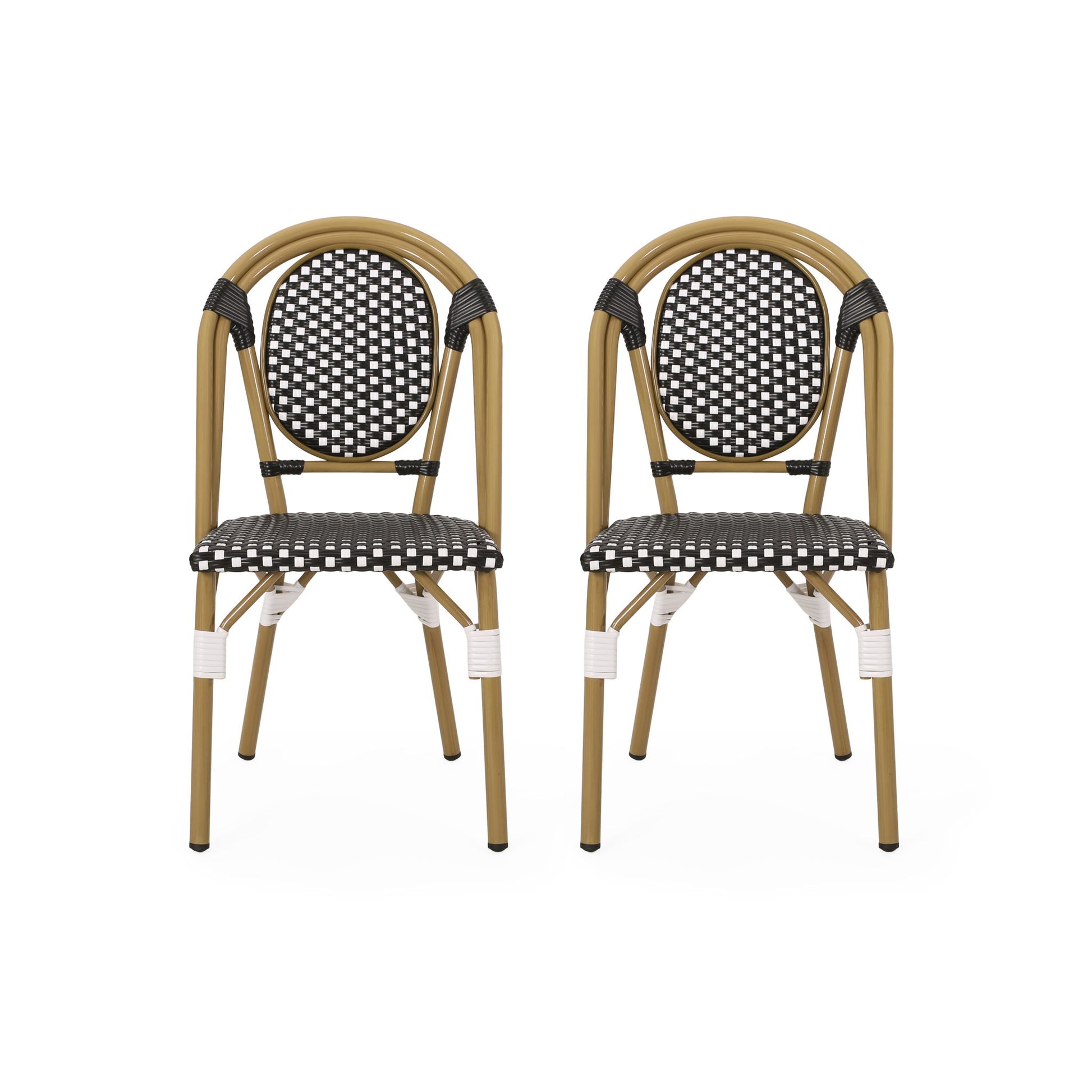 The Outdoor Rattan And Aluminum French Bistro Chair Set features two matching chairs with tan frames and black-and-white checkered seats and backs, side by side on a white background.