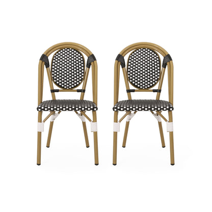 The Outdoor Rattan And Aluminum French Bistro Chair Set features two matching chairs with tan frames and black-and-white checkered seats and backs, side by side on a white background.