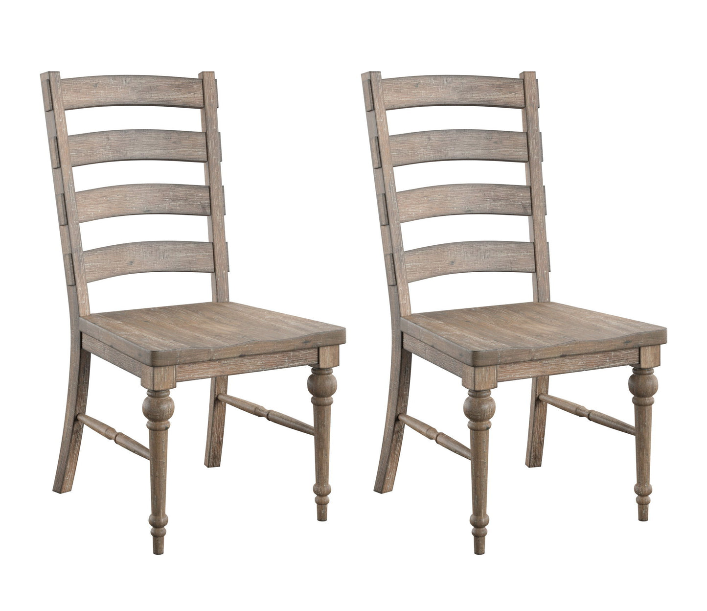 The Ludin Ladderback Dining Chairs (Set of 2) in taupe feature a rustic, weathered finish and straight legs. Both wooden chairs are angled slightly to the right against a white background.