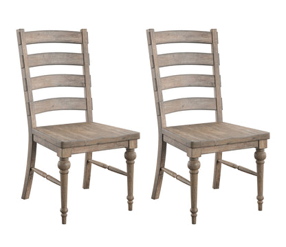 The Ludin Ladderback Dining Chairs (Set of 2) in taupe feature a rustic, weathered finish and straight legs. Both wooden chairs are angled slightly to the right against a white background.