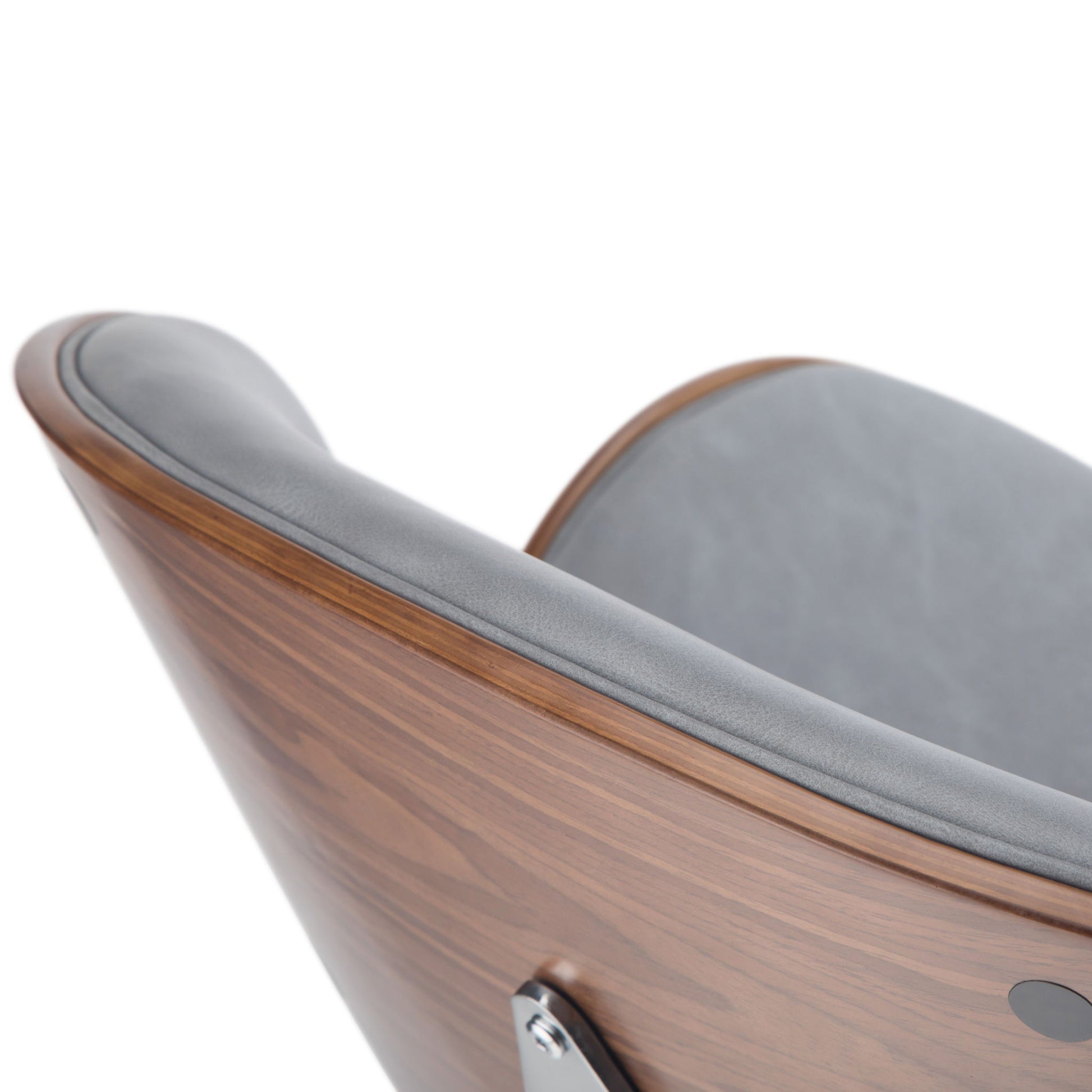 Close-up of the Marana Multifunctional Handcrafted Bentwood Adjustable Swivel Bar Stool’s upper backrest, featuring sleek gray upholstery and a curved, smooth-finished wooden frame.