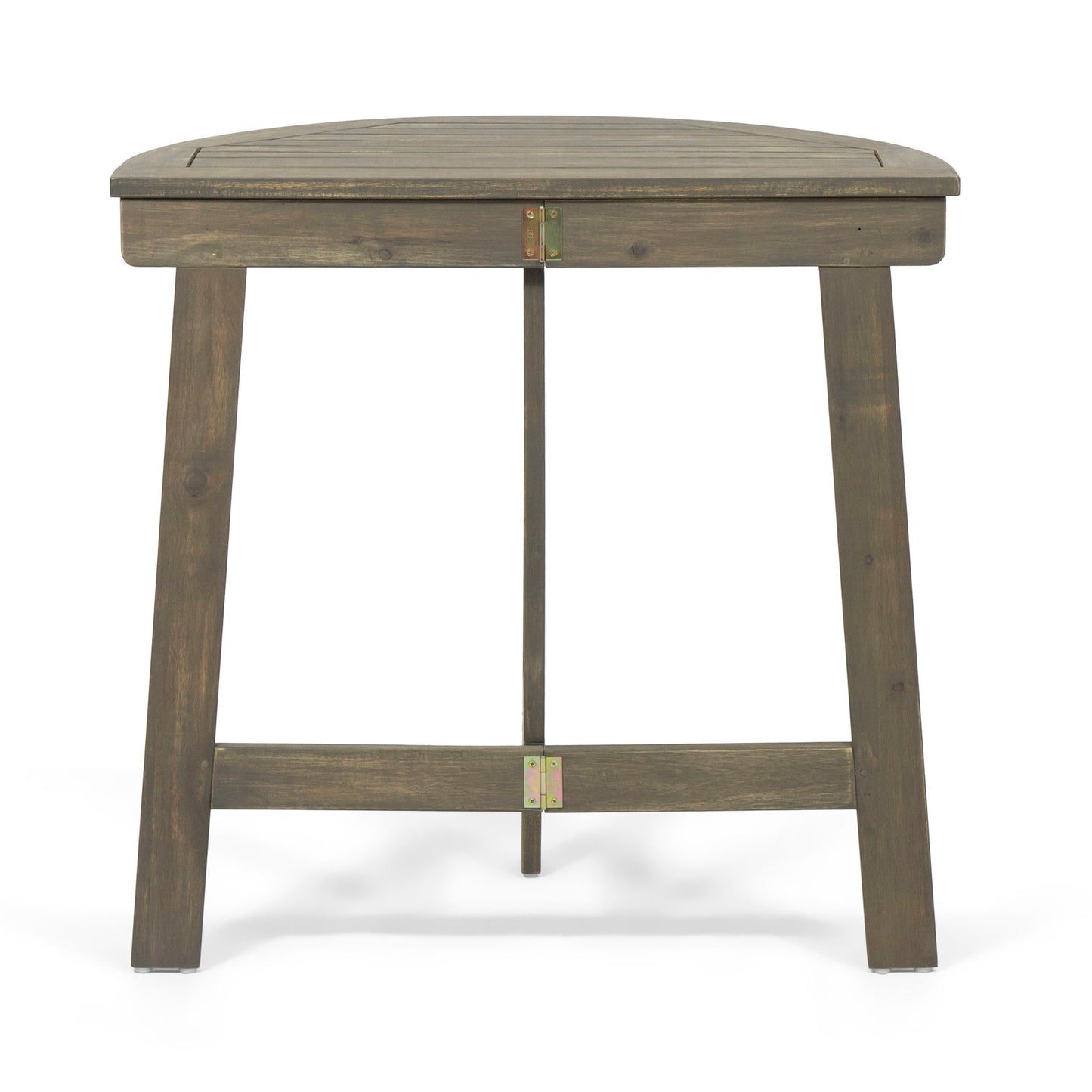 The Outdoor Half Round Folding Acacia Wood Bistro Table features a sturdy acacia wood build with a dark, rustic finish and visible grain, reinforced by metal brackets for extra durability and folds for easy outdoor storage.