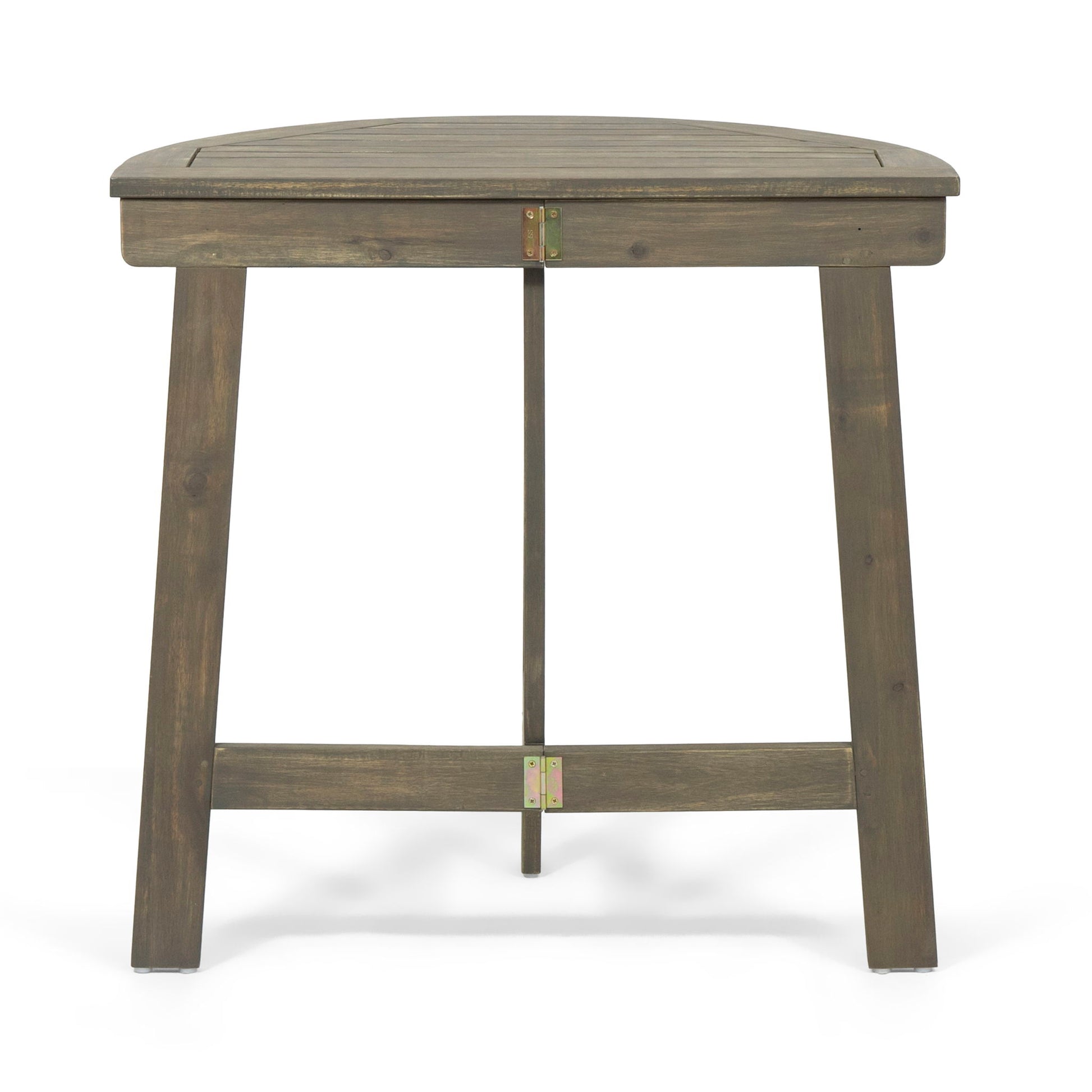 The Outdoor Half Round Folding Acacia Wood Bistro Table features a sturdy acacia wood build with a dark, rustic finish and visible grain, reinforced by metal brackets for extra durability and folds for easy outdoor storage.