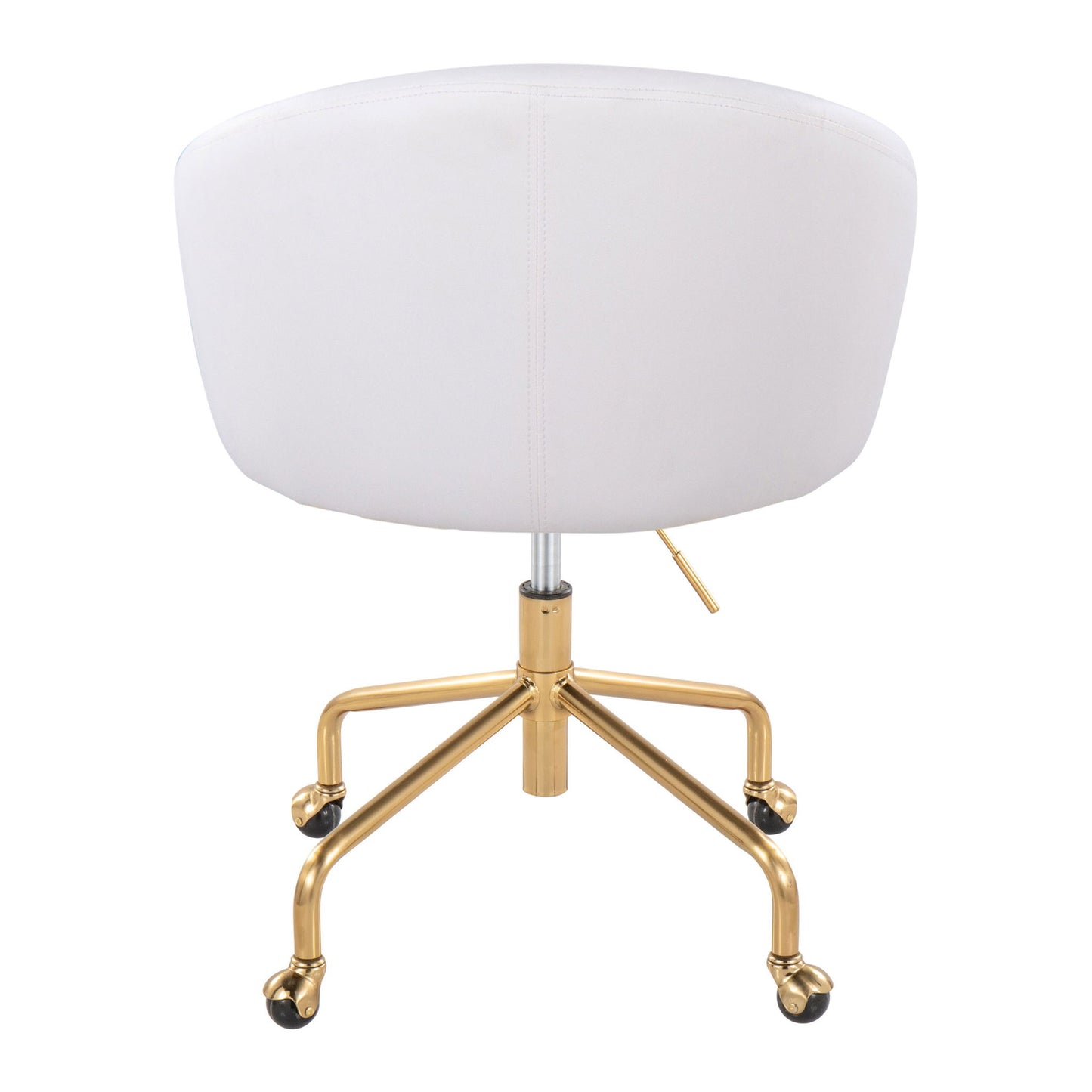 The Claire chair is a contemporary white swivel office chair with a rounded backrest and a gold metal base with five black caster wheels, shown from the back.