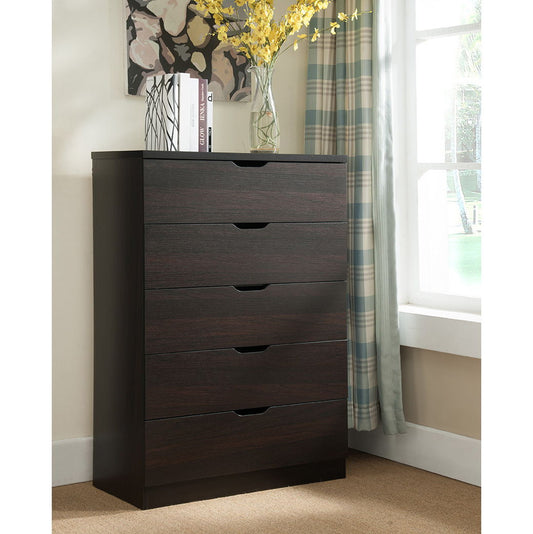 A Modern Drawer Chest and Clothes Storage Cabinet with metal drawer glides stands in a sunlit room by a window with plaid curtains, topped with books, a framed photo, and a vase of yellow flowers.
