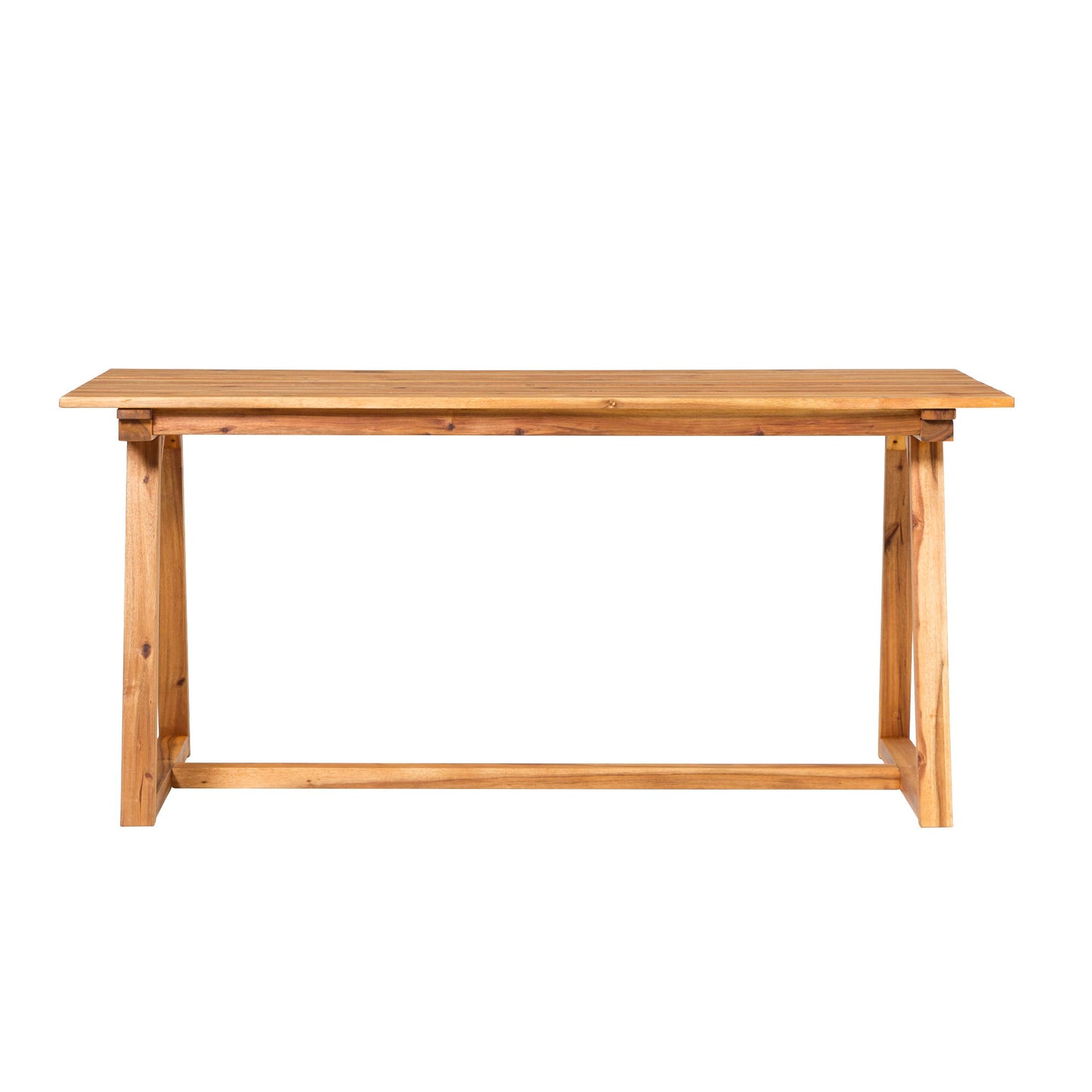 The Contemporary Solid Wood Slat Top Patio Dining Table features a rectangular shape, simple natural finish, straight legs, and a horizontal support bar at the base.