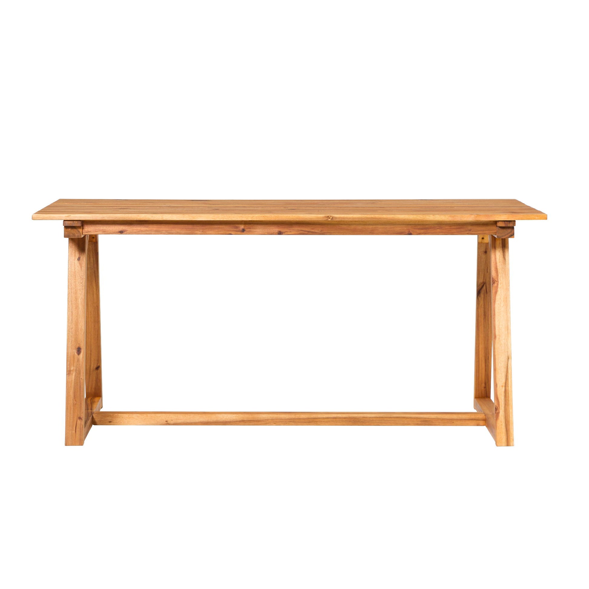 The Contemporary Solid Wood Slat Top Patio Dining Table features a rectangular shape, simple natural finish, straight legs, and a horizontal support bar at the base.
