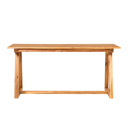 The Contemporary Solid Wood Slat Top Patio Dining Table features a rectangular shape, simple natural finish, straight legs, and a horizontal support bar at the base.