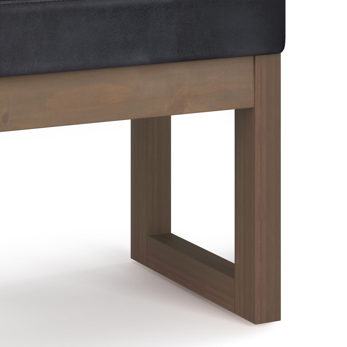 Close-up of the wooden leg and lower frame of the Milltown - Upholstered Ottoman Bench, featuring a dark cushioned seat, shown against a white background.