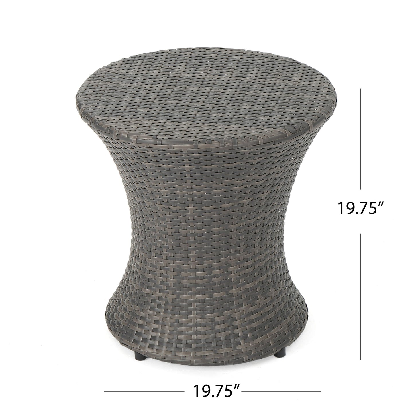 The Thrive Hourglass Rattan Table features a flared hourglass shape in dark gray woven wicker, measuring 19.75" high and 19.75" in diameter, with no glass top.
