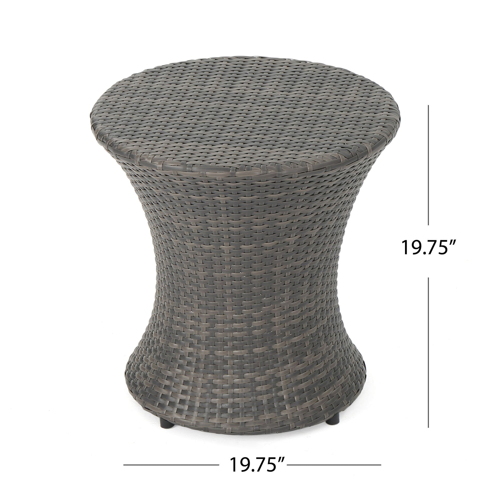 The Thrive Hourglass Rattan Table features a flared hourglass shape in dark gray woven wicker, measuring 19.75" high and 19.75" in diameter, with no glass top.