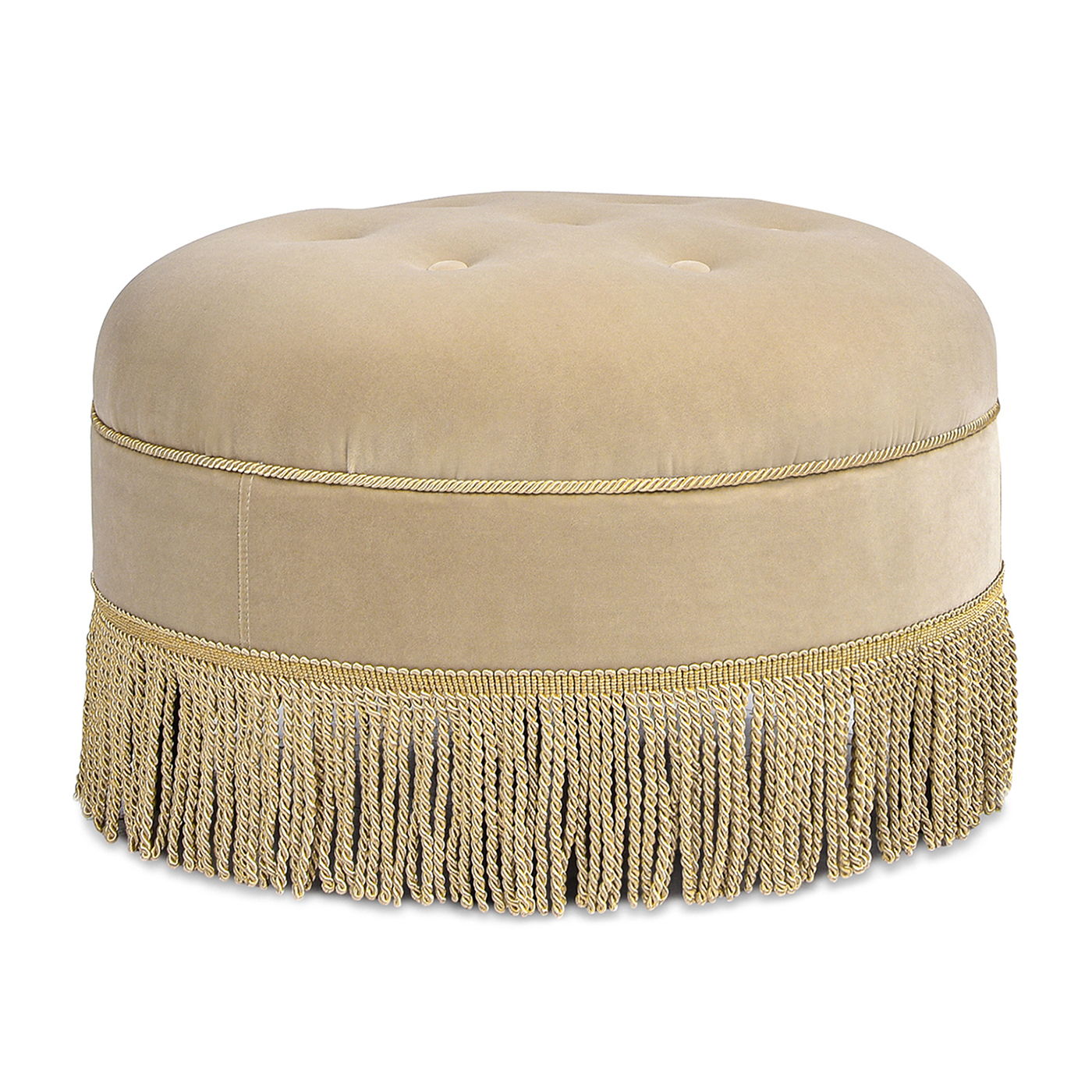 The Yolanda Round Upholstered Accent Ottoman features a smooth beige tufted top, gold braided trim, and a long gold fringed tassel skirt along the bottom edge.
