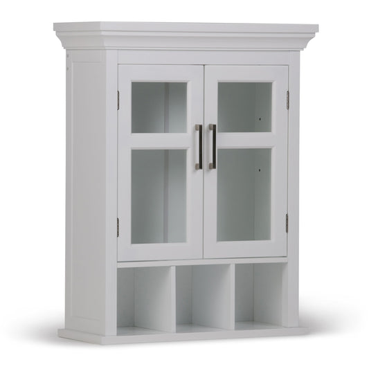 The Avington Two Door Wall Cabinet With Cubbies in Pure White features glass-paneled doors, metal handles, and three open cubby shelves. Its simple, modern design is highlighted by clean lines.