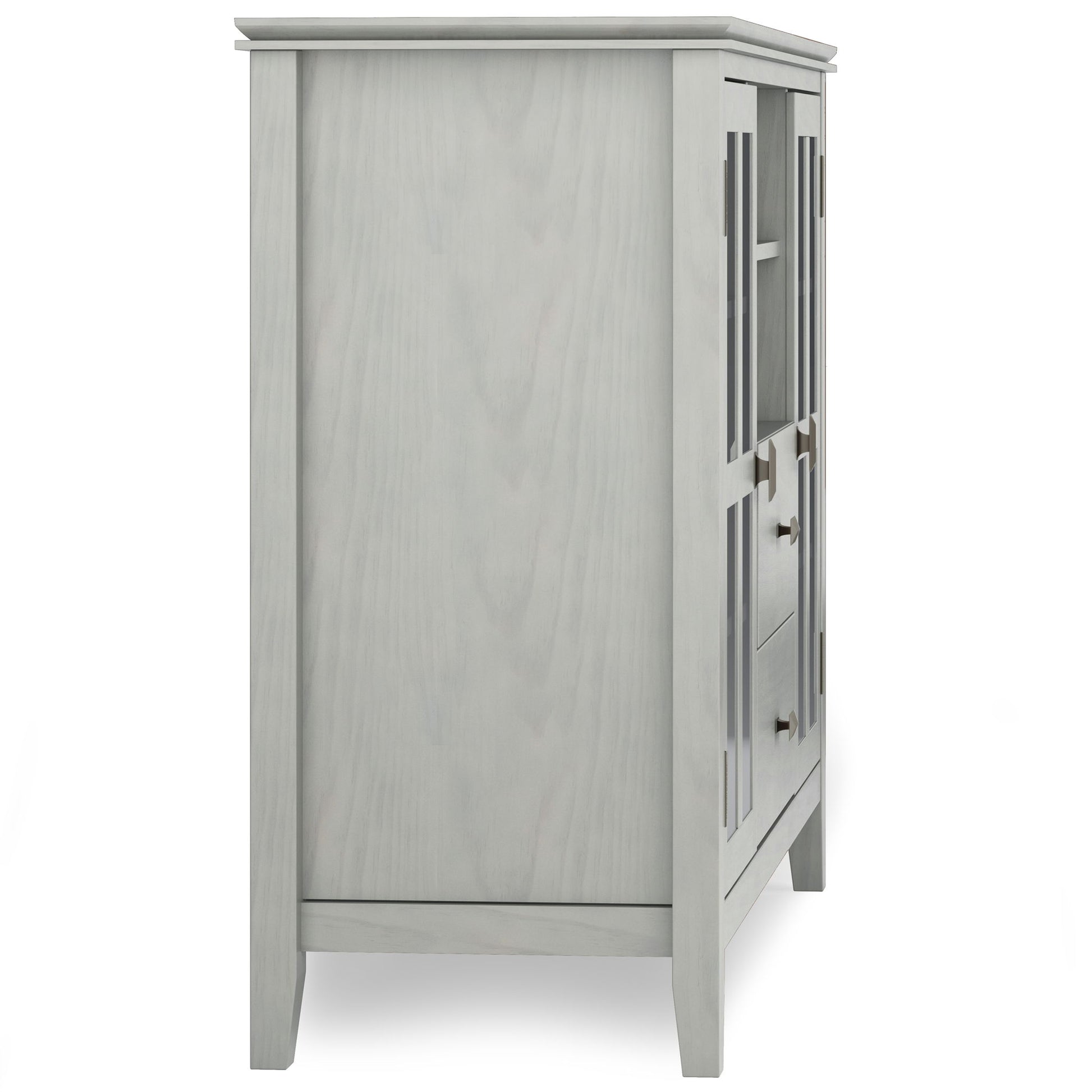 Side view of the Artisan Handcrafted Tall TV Media Stand in light gray, featuring paneled sides, straight legs, visible front door hinges and handles, and a smooth, minimalist design.
