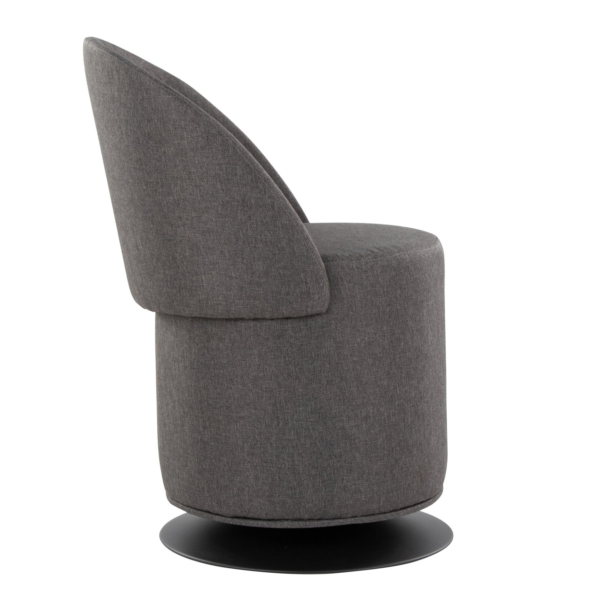 The Finch - Contemporary Chair is a modern, dark gray upholstered swivel chair featuring a rounded base and slightly reclined backrest, displayed from the side against a white background.