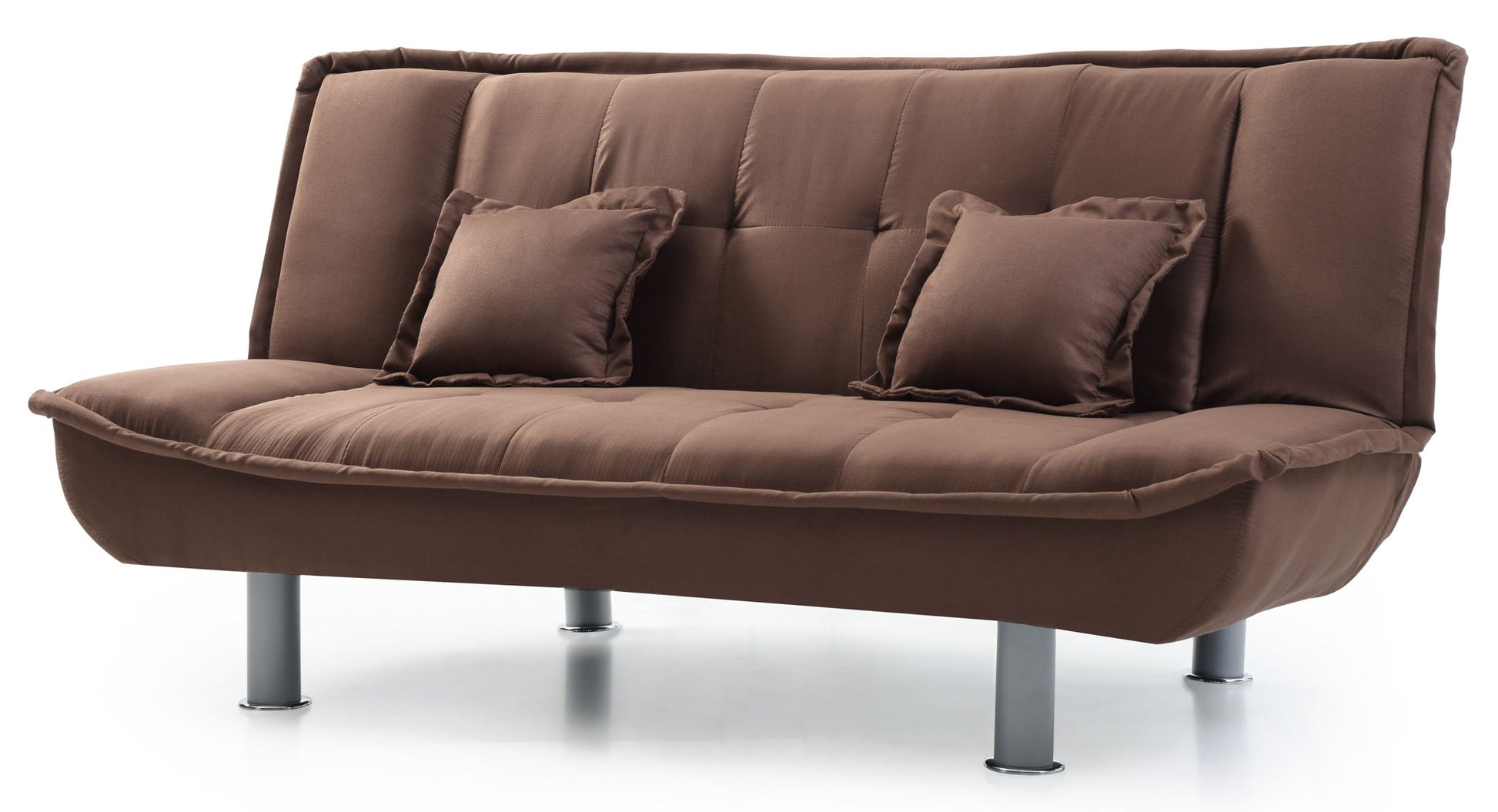 The Lionel - Sofa Bed is a modern brown upholstered sofa featuring two matching square cushions, metal legs, and a tufted backrest, shown on a white background.