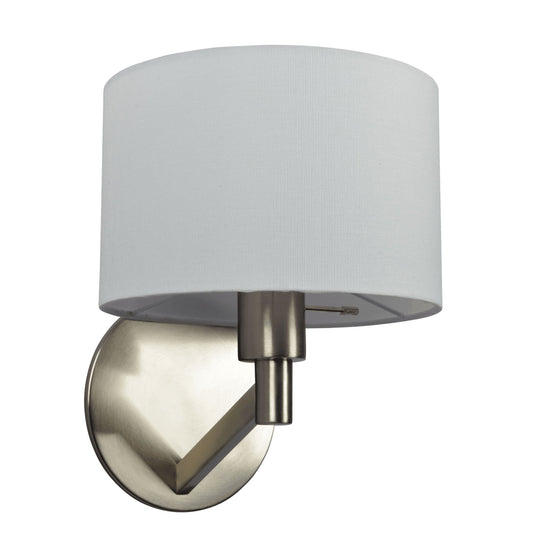 The Nebula Base Wall Lamp features a brushed nickel base, silver accents, and a cylindrical white shade with a rotary switch, shown against a plain white background.