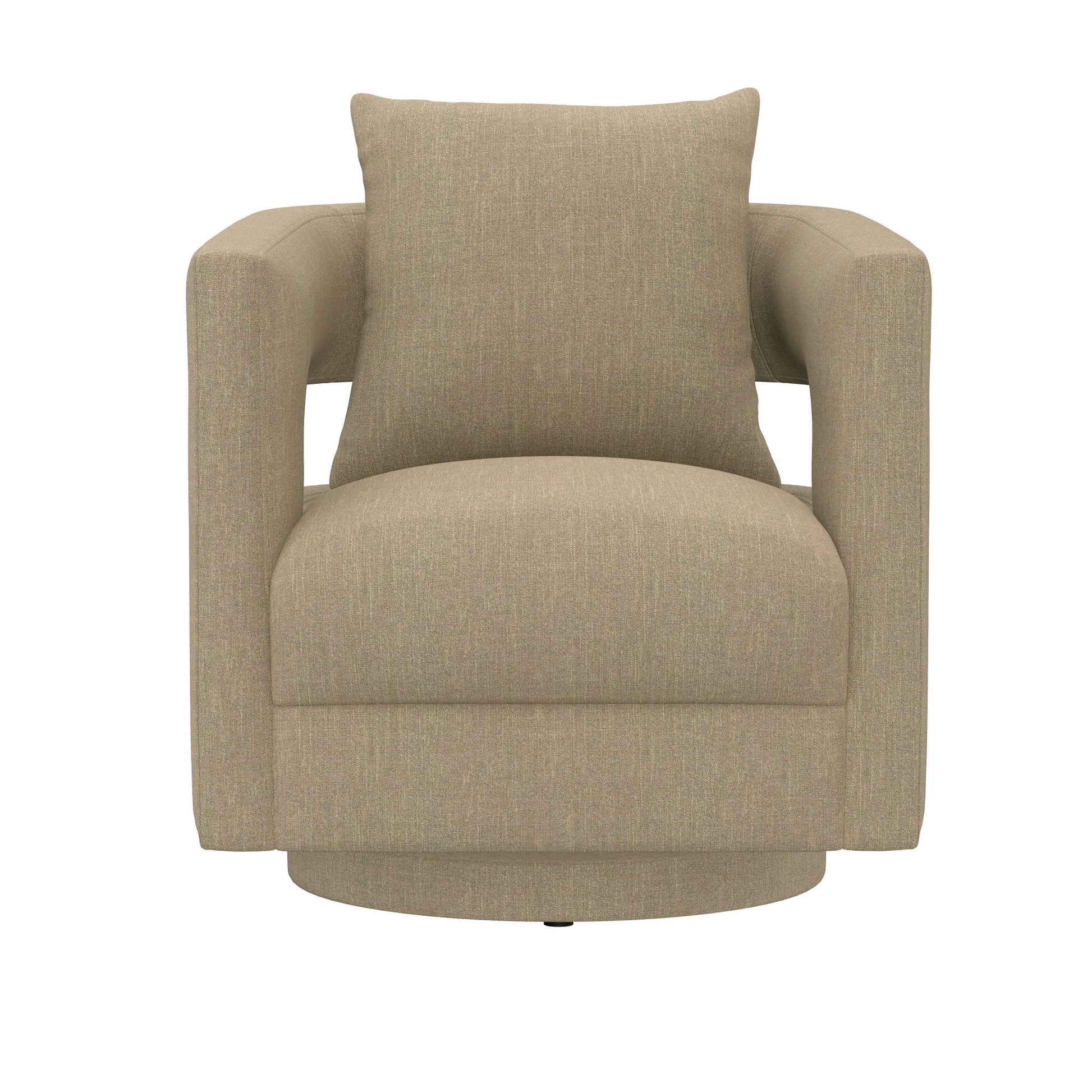 The Supe Swivel Chair features beige upholstery, square armrests, and a matching cushion, displayed against a white background.