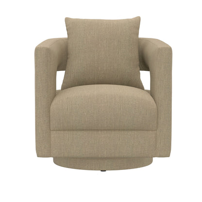 The Supe Swivel Chair features beige upholstery, square armrests, and a matching cushion, displayed against a white background.