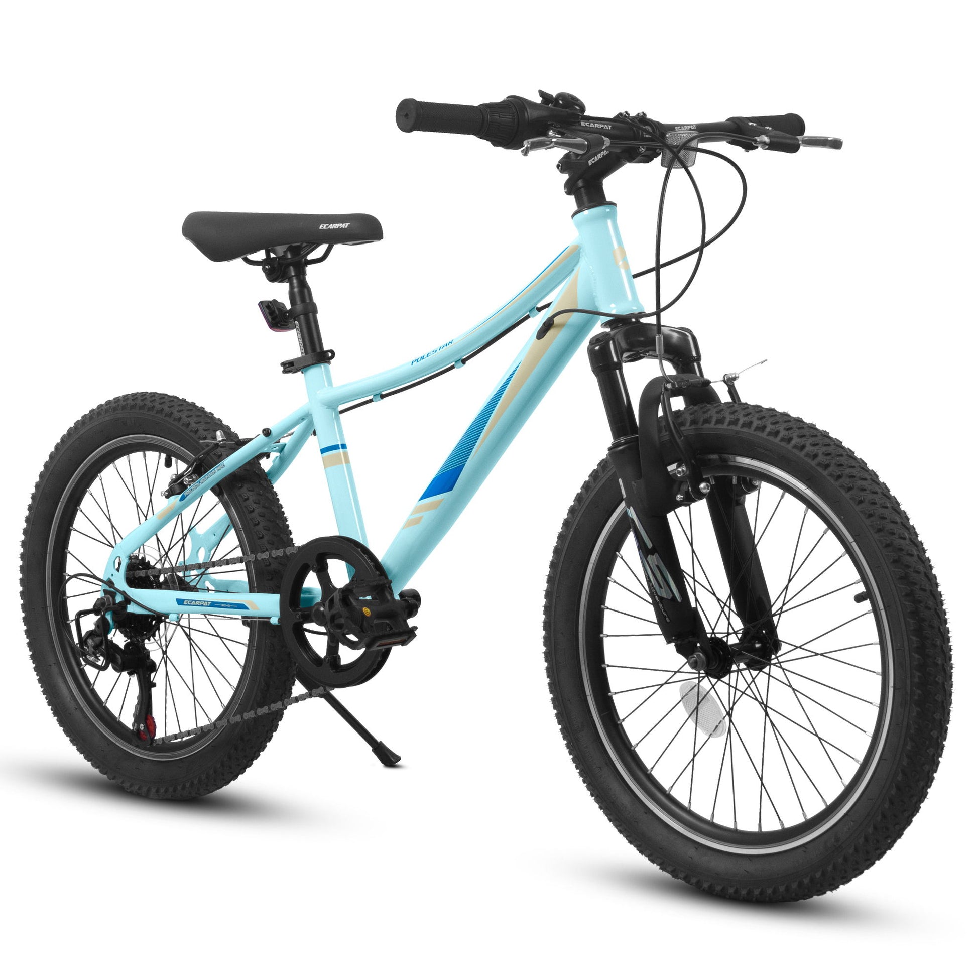 The S20101 20" Kids' Mountain Bike for ages 8-12 features front suspension, disc and V-brakes, black handlebars and saddle, thick tires, a kickstand, and a light blue high steel frame, shown from a front-side angle on white.