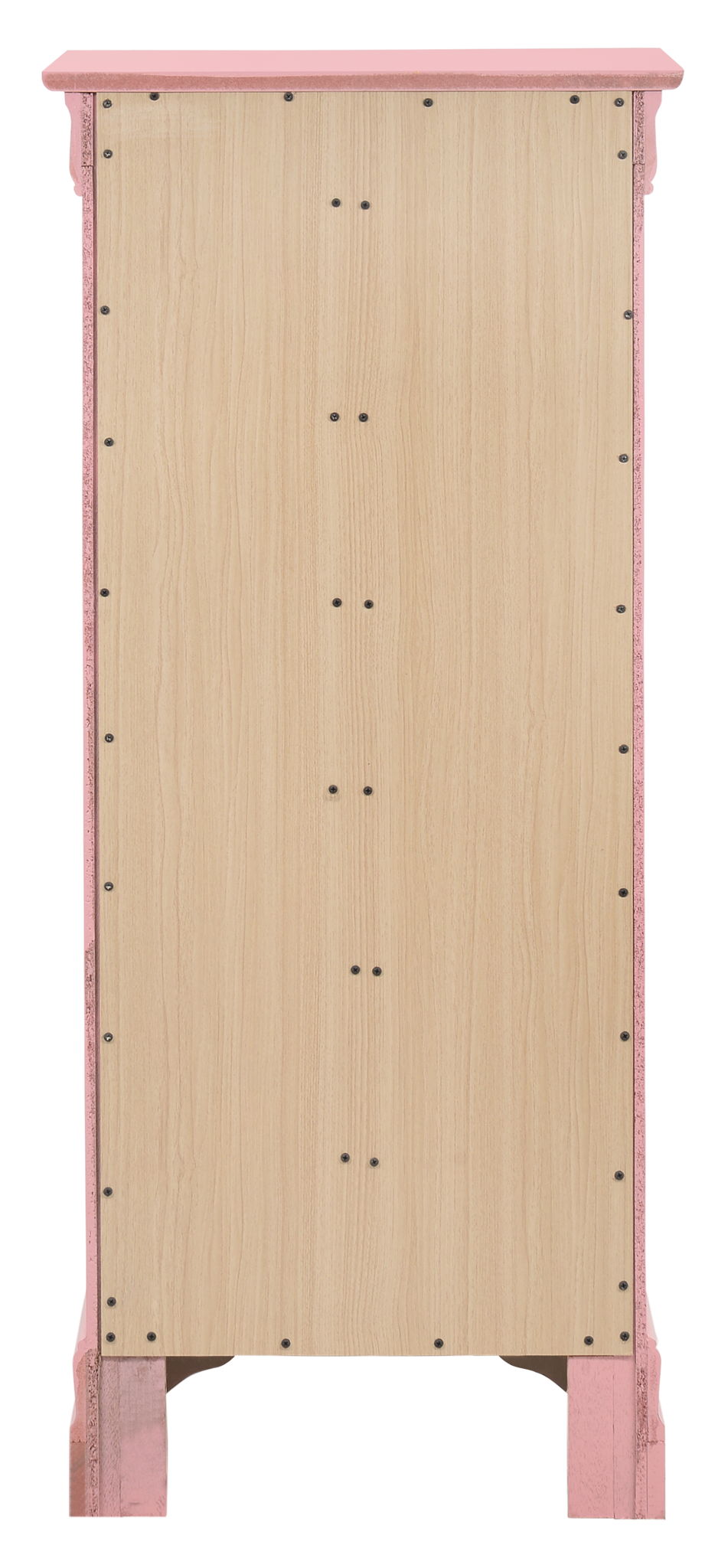 The Traditional Style Lingerie Storage Chest Timeless features a light wood back panel secured with black screws and accented by a pink frame around the edges.