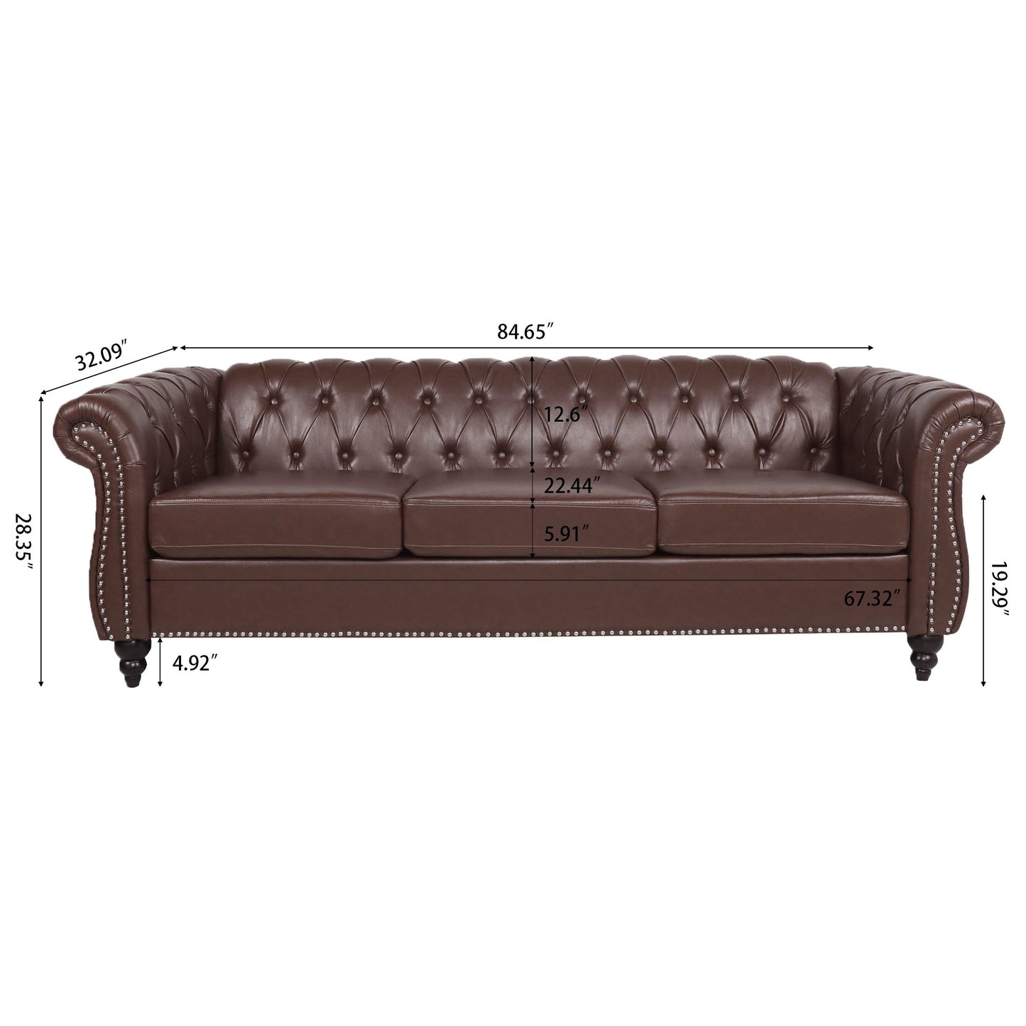 The Rolled Arm Chesterfield 3 Seater Sofa features brown tufted leather, rolled arms, and nailhead trim. Overall size: 84.65"W x 32.09"D x 28.35"H, with labeled seat dimensions for your reference.