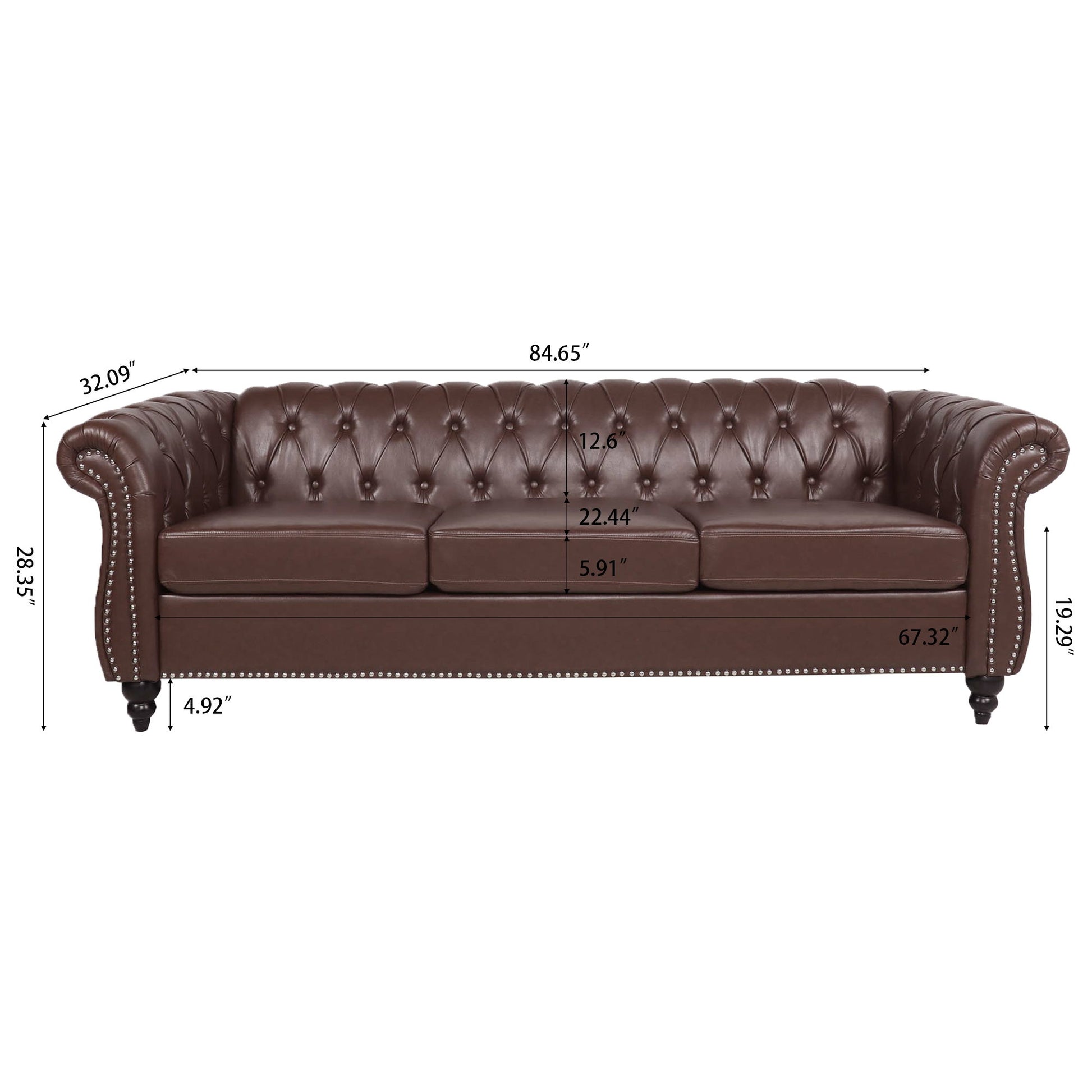 The Rolled Arm Chesterfield 3 Seater Sofa features brown tufted leather, rolled arms, and nailhead trim. Overall size: 84.65"W x 32.09"D x 28.35"H, with labeled seat dimensions for your reference.