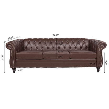 The Rolled Arm Chesterfield 3 Seater Sofa features brown tufted leather, rolled arms, and nailhead trim. Overall size: 84.65"W x 32.09"D x 28.35"H, with labeled seat dimensions for your reference.