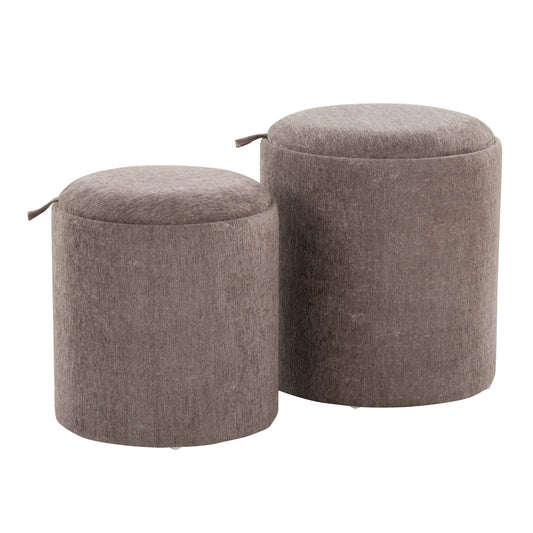 The Tray - Contemporary Nesting Ottoman Set features two round, brown fabric ottomans in different sizes, placed side by side, each with a fabric texture and small loops near the top for easy handling.