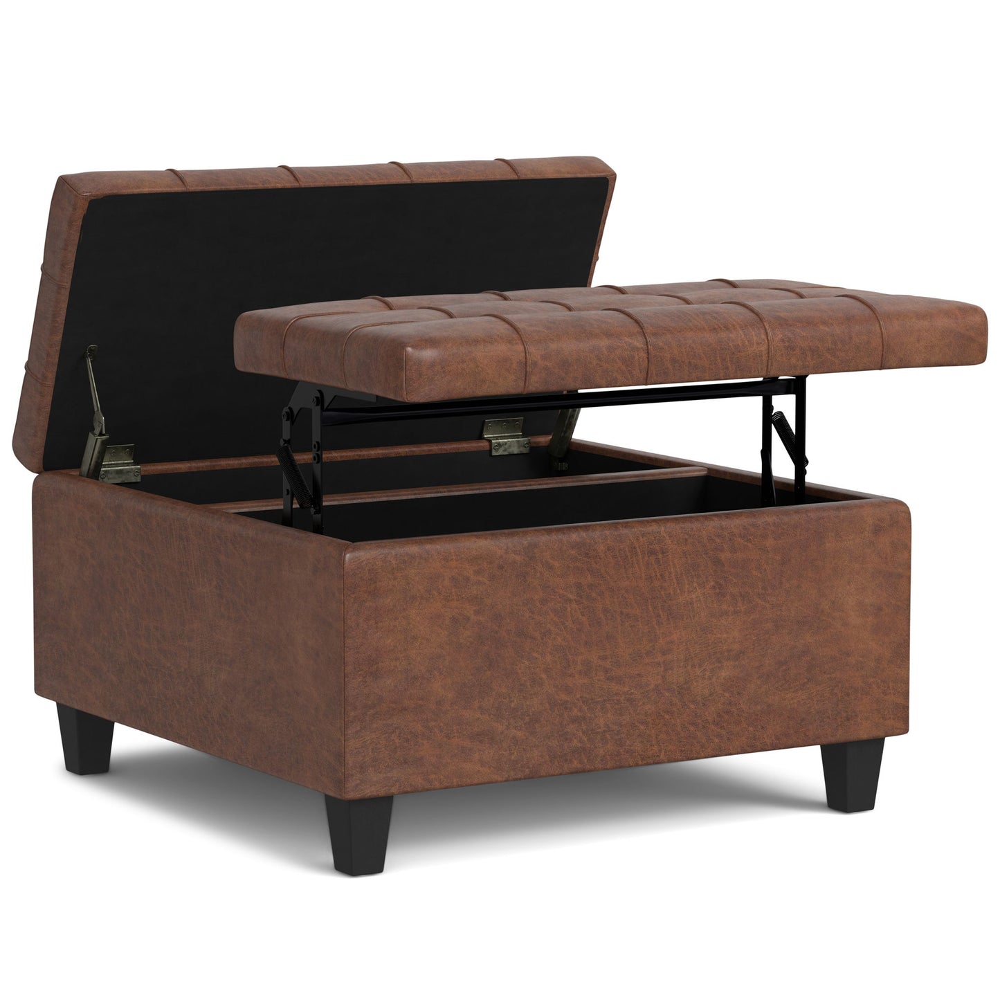 The Harrison - Large Coffee Table Storage Ottoman features brown leather, a tufted split lift-top lid with storage inside, a visible metal lift mechanism, and stands on four short black legs.