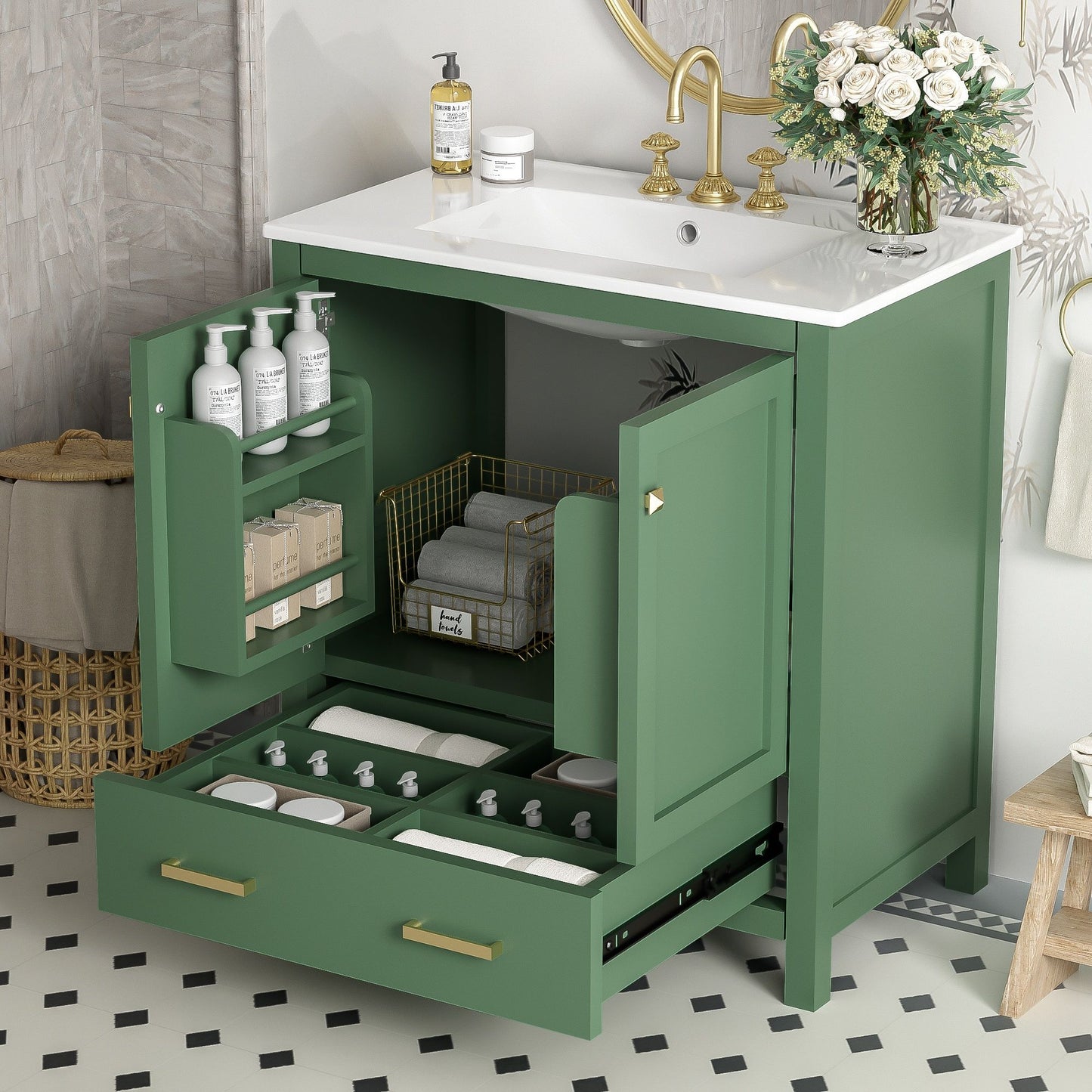 A Bathroom Vanity With Single Sink features gold handles, soft-closing 2 doors and a drawer showing organized toiletries. On the combo cabinet’s counter are a sink, faucet, flowers, and more. Set on a black and white tile floor. Solid wood frame.